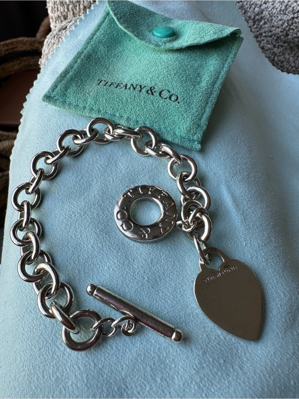 Tiffany & Co. Silver Heart Toggle Charm Bracelet - Teal Pouch